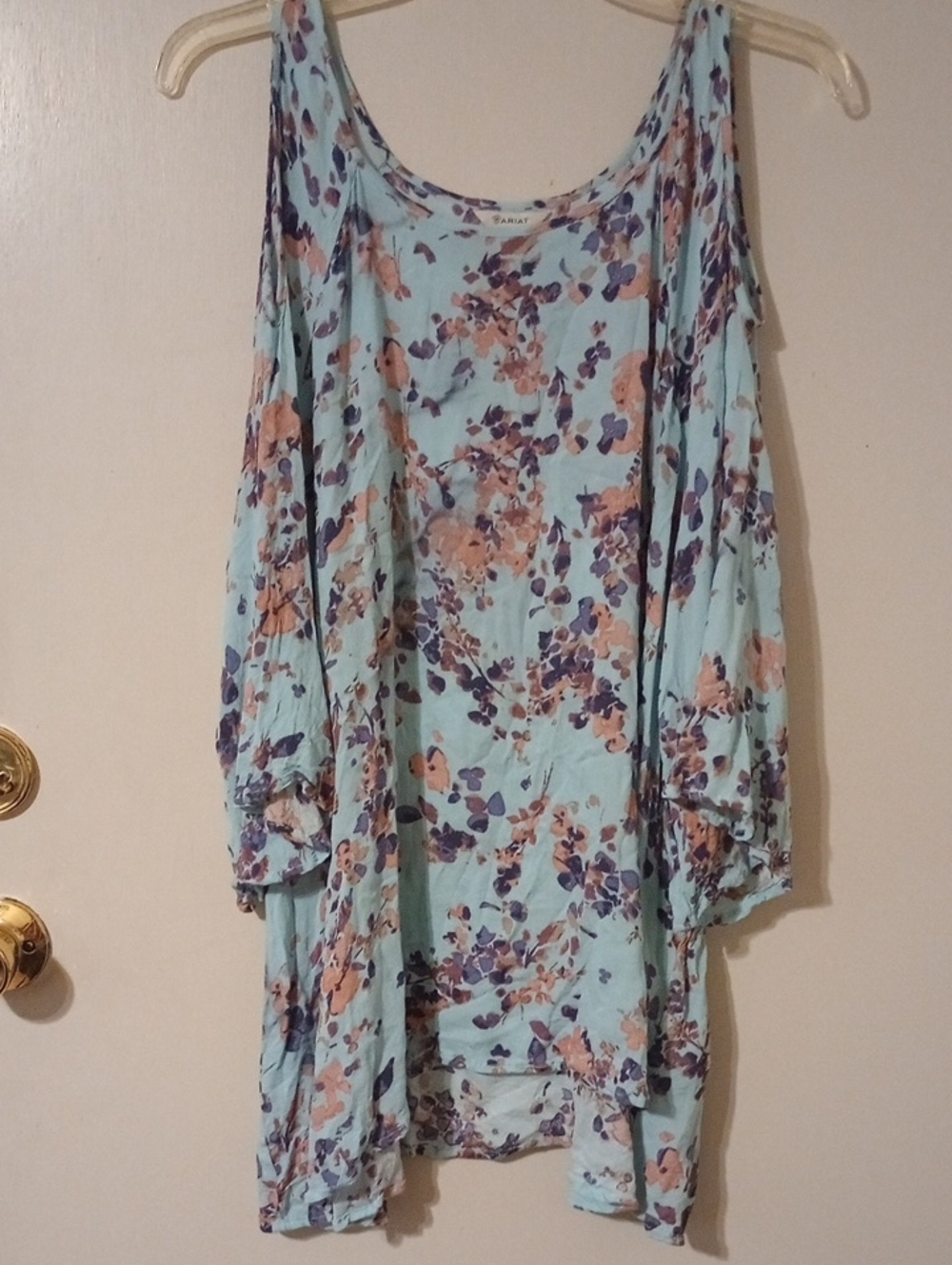Ariat Aqua Floral Print Blouse with Peach and Navy Accents Cold Shoulder Sz XXL